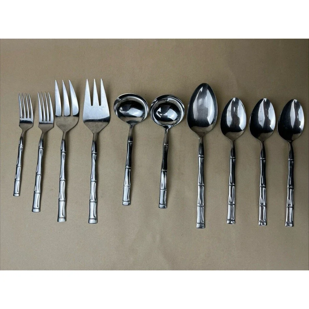 10 Pcs VTG Japan Bamboo Handle Stainless Steel Serving Ladle Fork Spoon Flatware